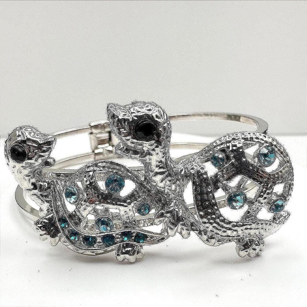 Vintage 90s Silver Tone Lizard Gecko Bracelet Blue Rhinestone Women's Jewelry